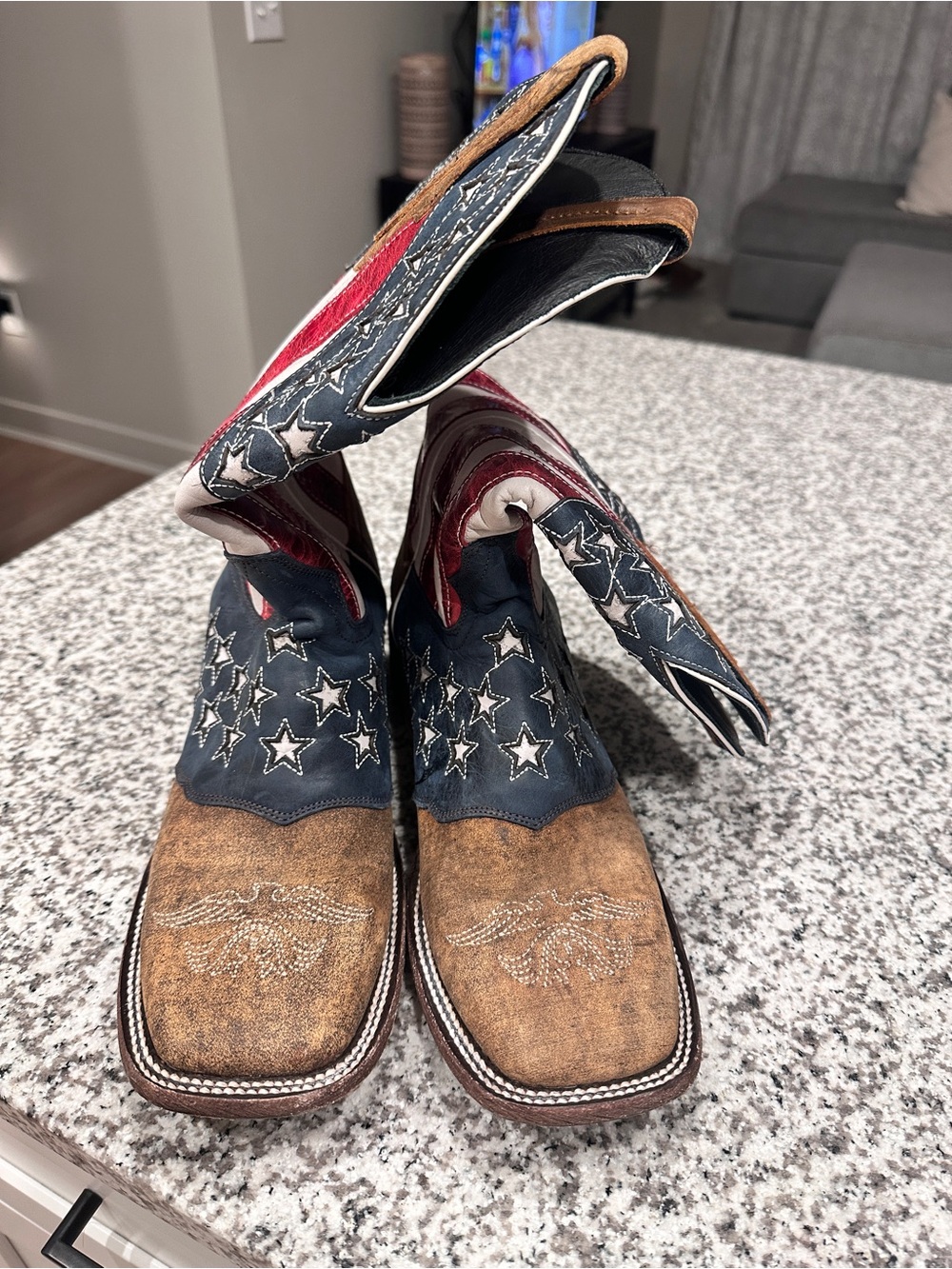 J.B. Dillon Brown, Navy & Red American Flag Western Cowboy Boots